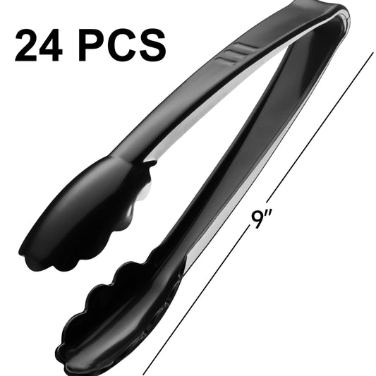 Bulk Plastic Tongs for Serving (Pack of 24) 9 Inch - Heavy-Duty Hard Plastic Reusable or Disposable Serving Tongs for Catering, Dinner Parties, Banquets, Buffets, Weddings and Everyday Use, Black