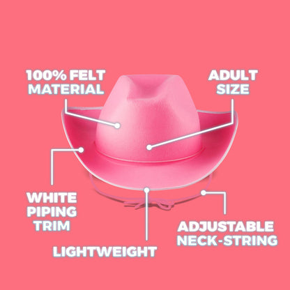 Bedwina Pink Cowgirl Hat - Felt Cowboy Hat with White Trim and Adjustable Neck-String, Fits Most Women and Teen Girls for Bachelorette, Play Costume Accessories, Themed Party or Dress-Up