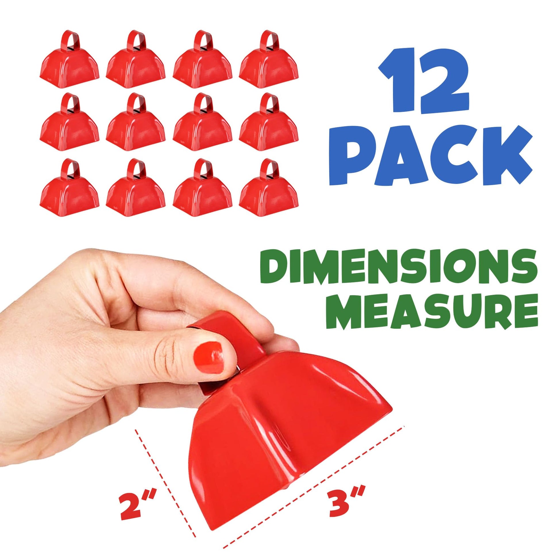 Metal Cowbell - 12 Pack, 3 Inch Red Cow Bells for Sporting Events, Cheering, Spirit, Loud Cow Bell Ideal Hand Percussion Cowbells Noise Makers for Sporting Events, Football Games, and Celebrations