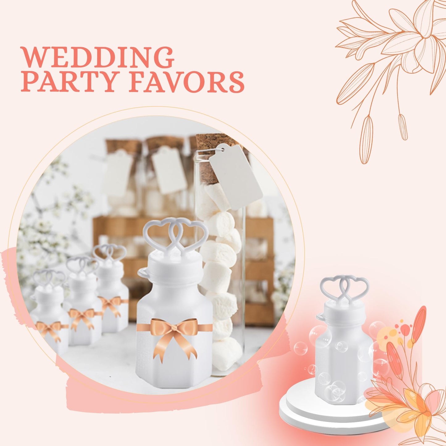 Wedding Bubbles Bulk - (48 Count) Mini White Double Heart Top Wands, Great for Bridal Party Favors, Engagement, Anniversary Celebrations, Valentine Bubbles and Wedding Favors