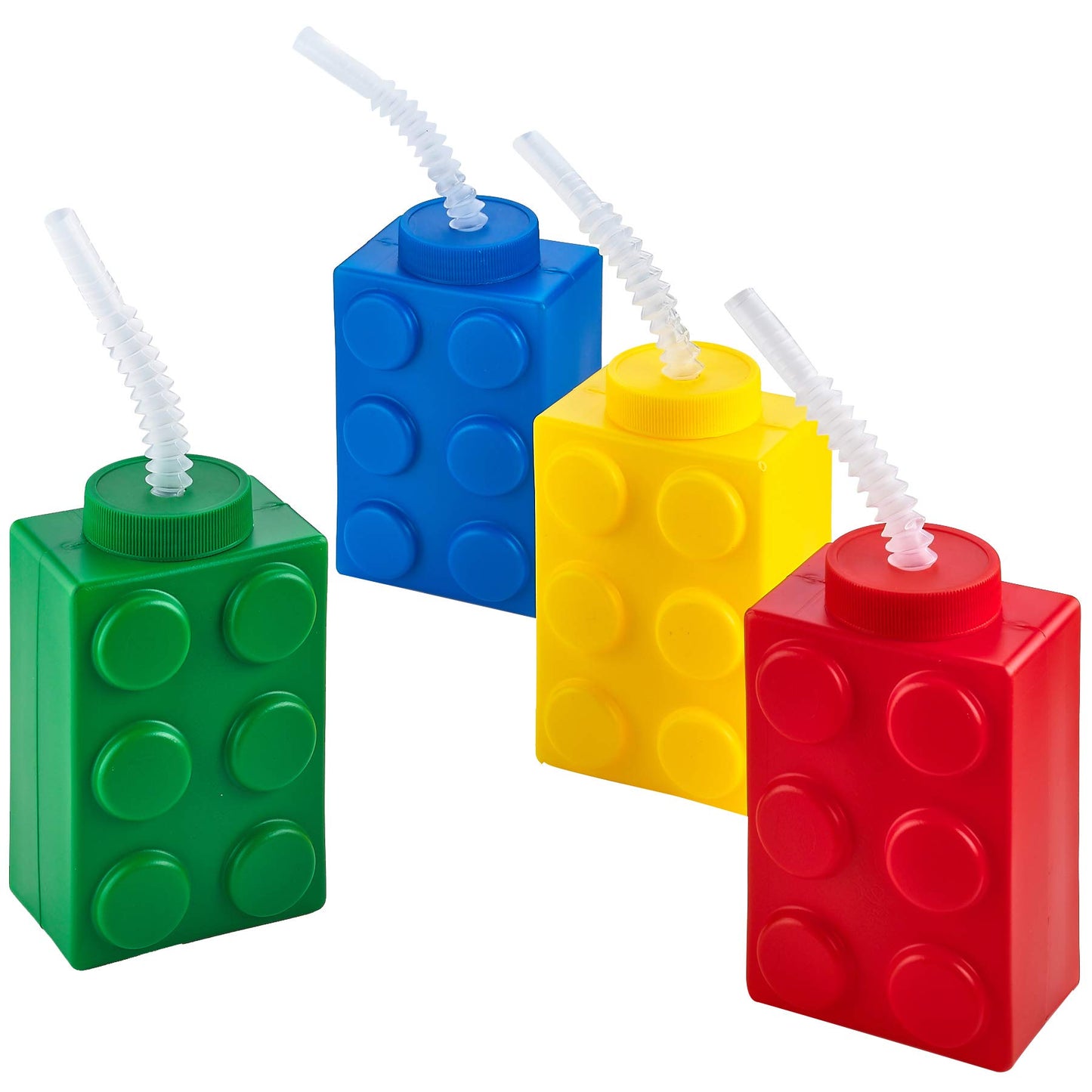 Bedwina Building Blocks Cups with Straw & Lid - (Pack of 4) Reusable Brick Party Kids Cup for Block Birthday Party Supplies and Favors