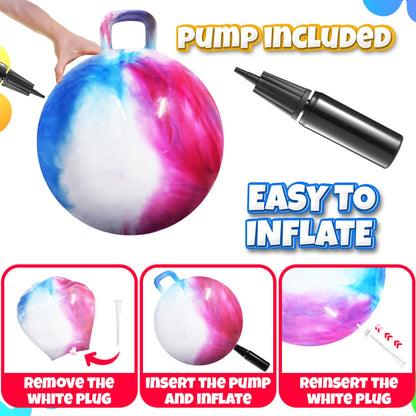 Bedwina Hopper Ball with Handle for Kids 18-inch (45cm) Bouncy Balls for Kids, Jumping Kangaroo Hippity Hop, Hopping Sit and Spin with Handle with Hand Pump, Marble Blue/Red/White