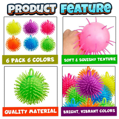 Bedwina Puffer Balls (Pack of 6) - Stress Balls Bulk, Neon Sensory Ball, Stress Relief Squishy Balls & Therapy Ball Toy for Kids and Party Favors, Bulk