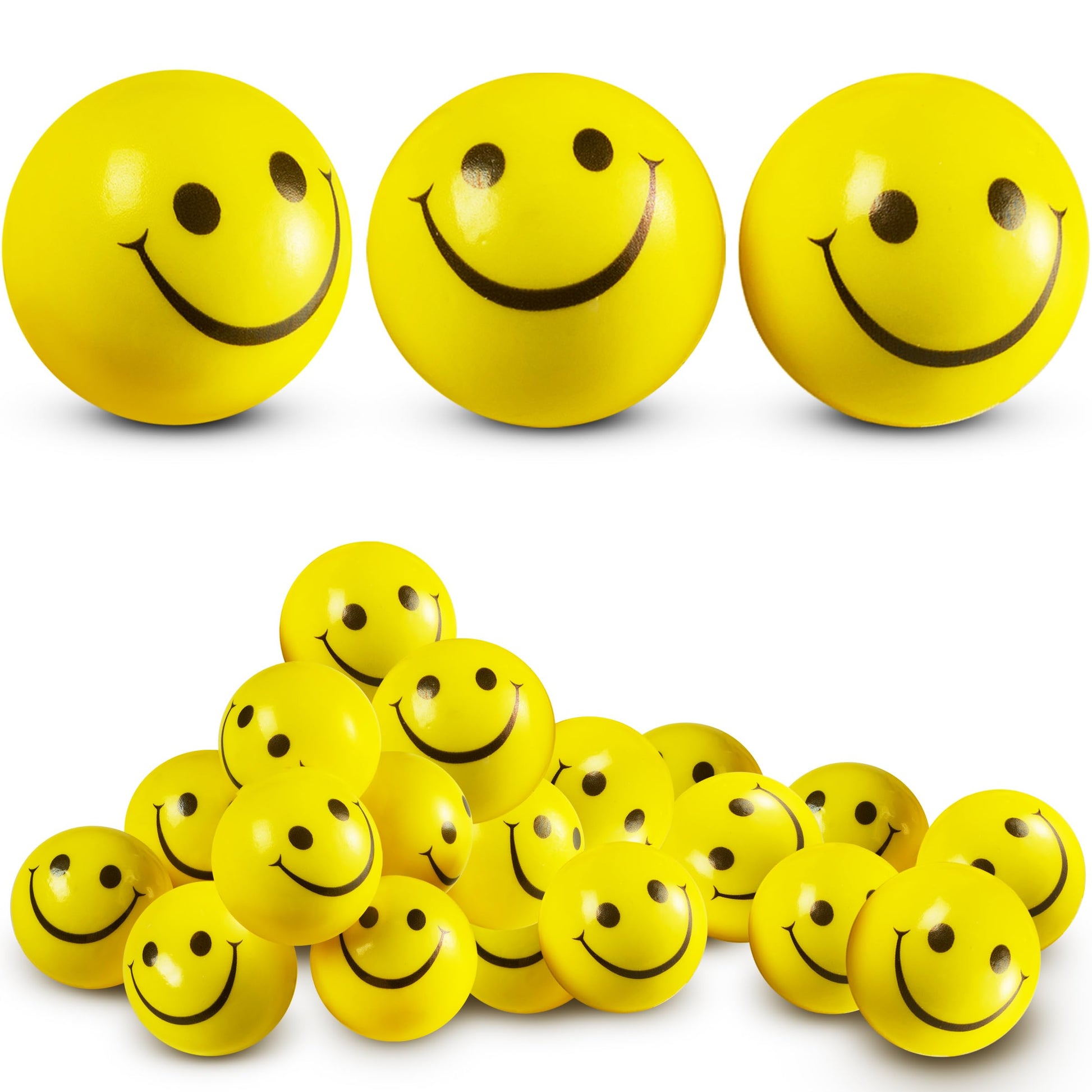 Smile Face Squeeze Balls (24 Pcs Bulk) for Kids and Adults, 2 Inch Mini Yellow Fun Happy Face Stress Anxiety Relief Balls, Hand Therapy Sensory Fidget Toy, Classrooms, Game Prize, Party Favor Gift