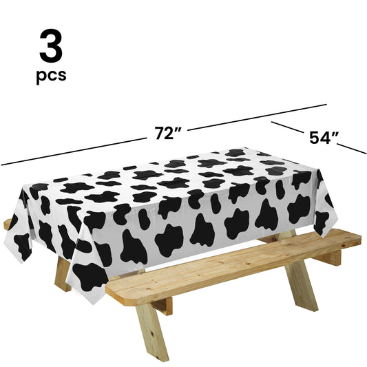 Bedwina Cow Print Tablecloth (Pack of 3) 54 x 72 Inch Tablecloths for Farm Animal Themed Parties, Birthday Party Supplies and Picnic Table Covers, (Black and White)
