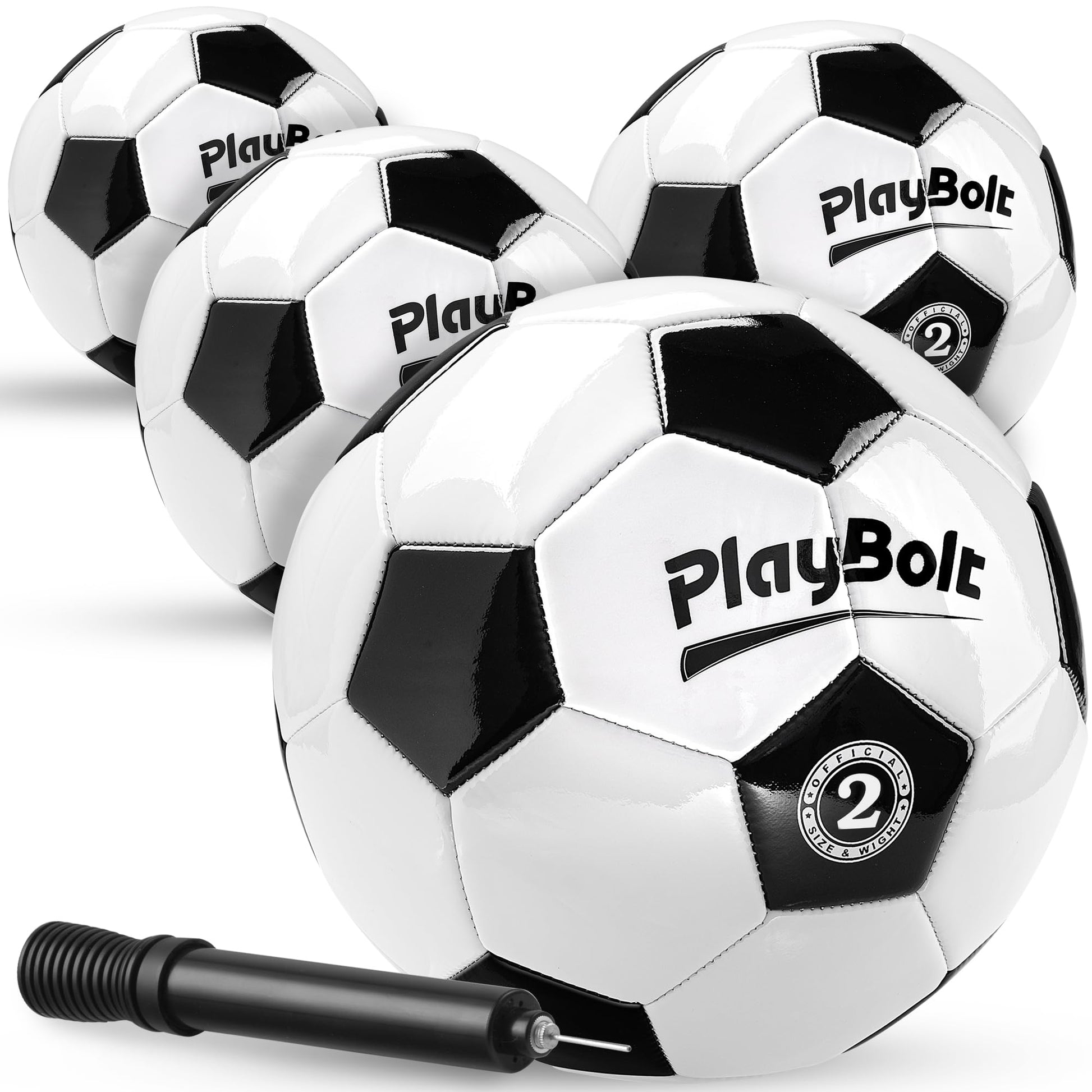 PlayBolt Soccer Ball Size 2 - Official Size Soccer Balls with Pump in Classic Black and White for Kids Youth & Toddler Sports, Indoor & Outdoor (Pack of 4)