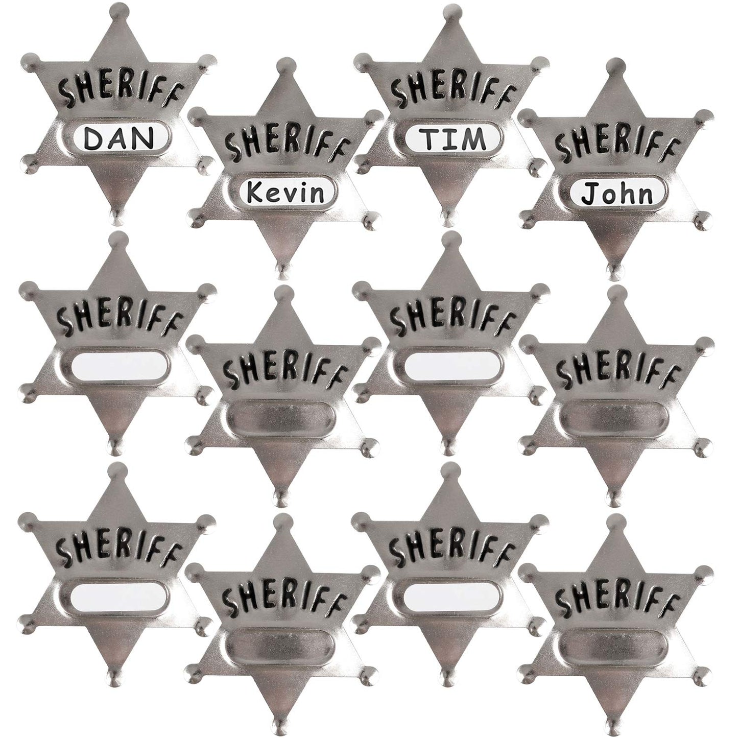 Bedwina Metal Sheriff Badges - (Pack of 24) Silver Star Name Badges with Stickers for Personalized Names, Western Cowboy Dress Up Deputy's Badge Toys for Kids Birthday Party Favors, Giveaways & More