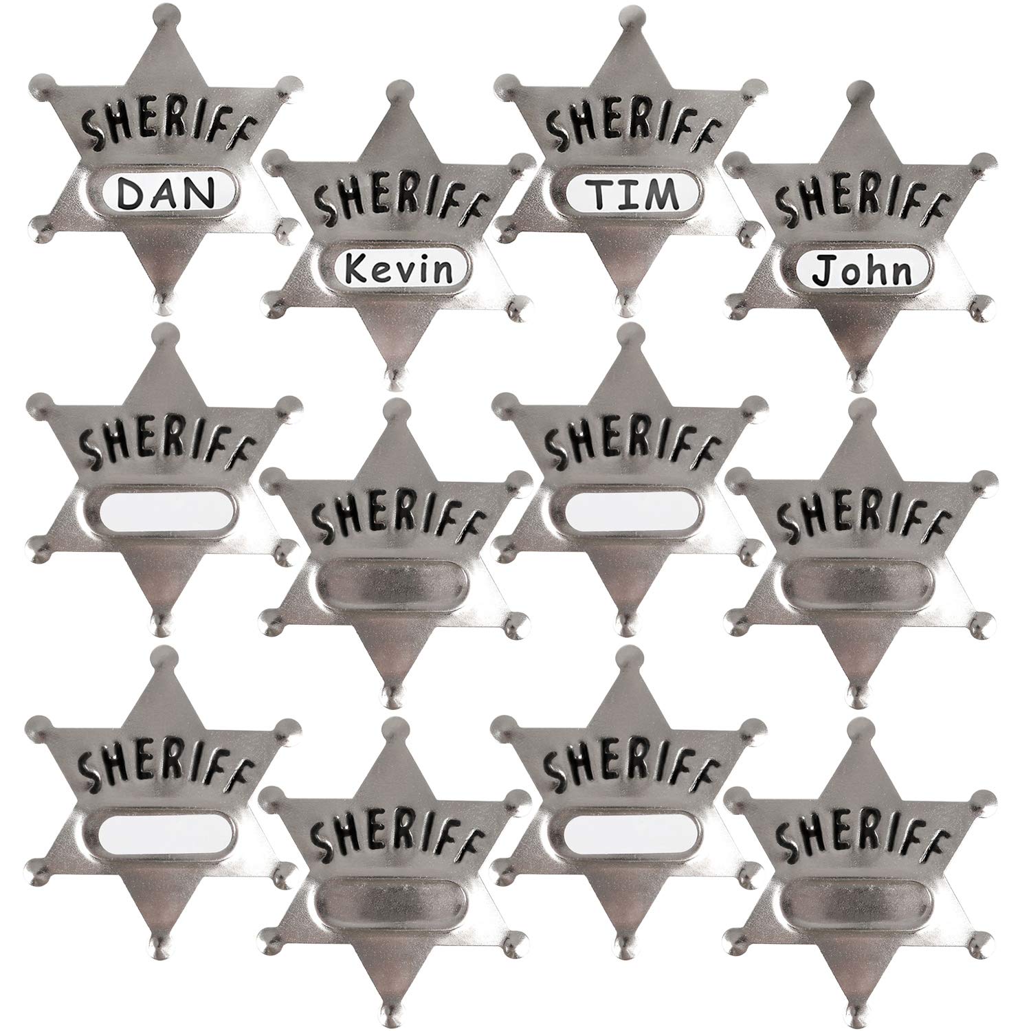 Bedwina Metal Sheriff Badges - (Pack of 24) Silver Star Name Badges with Stickers for Personalized Names, Western Cowboy Dress Up Deputy's Badge Toys for Kids Birthday Party Favors, Giveaways & More