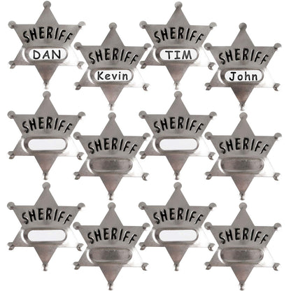 Bedwina Metal Sheriff Badges - (Pack of 24) Silver Star Name Badges with Stickers for Personalized Names, Western Cowboy Dress Up Deputy's Badge Toys for Kids Birthday Party Favors, Giveaways & More