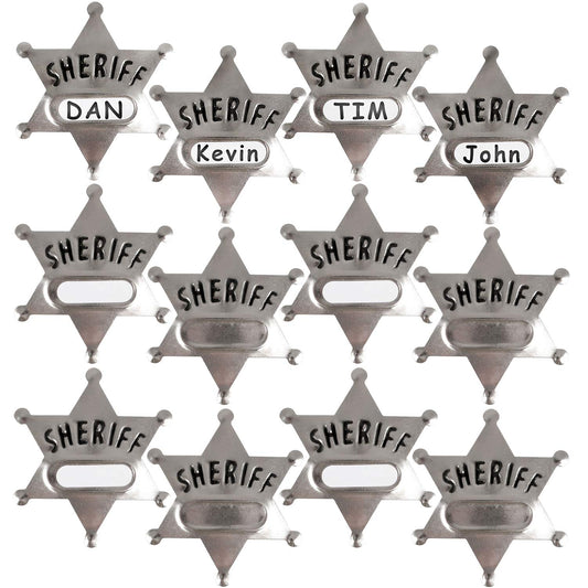 Bedwina Metal Sheriff Badges - (Pack of 24) Silver Star Name Badges with Stickers for Personalized Names, Western Cowboy Dress Up Deputy's Badge Toys for Kids Birthday Party Favors, Giveaways & More