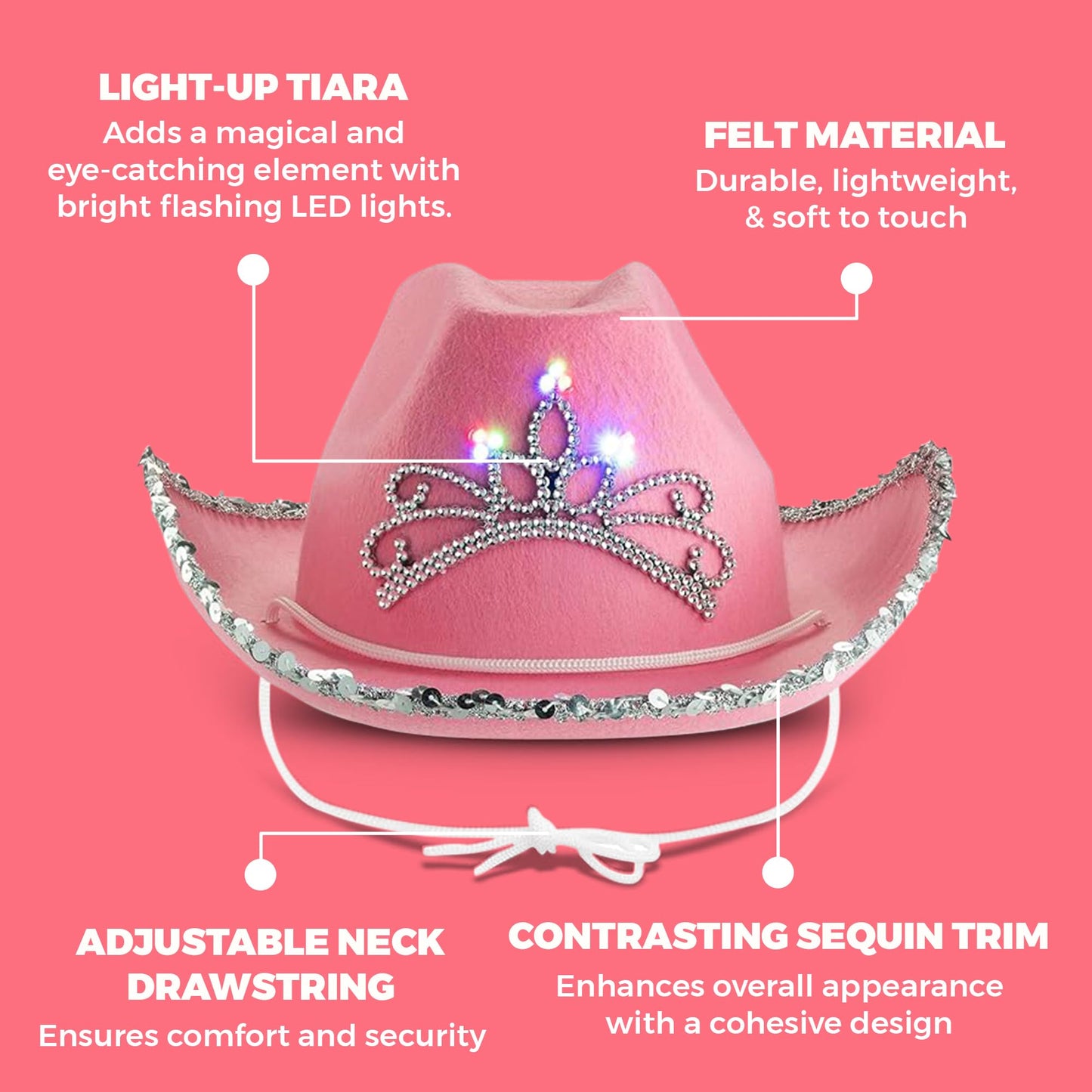 Bedwina Light Up Pink Cowgirl Hat for Girls - (Pack of 2) Kids Cowboy Hat with Blinking Tiara Sequin Trim Fringe and Drawstring, Felt Girls Pink Cowboy Hat Costume Party Accessory, Dress-Up, 6x7-Inch