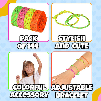 Bedwina Friendship Bracelets for Kids - (Pack of 144) Neon Adjustable Woven Rope Friendship Bracelets Bulk for Girls and Boys - Classroom Prizes for Kids Birthday Party Favors & Goodie Bag Stuffers