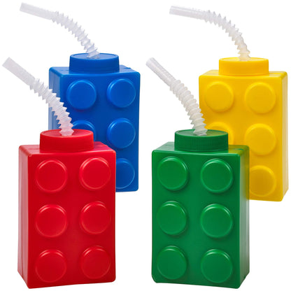 Bedwina Building Blocks Cups with Straw & Lid - (Pack of 4) Reusable Brick Party Kids Cup for Block Birthday Party Supplies and Favors