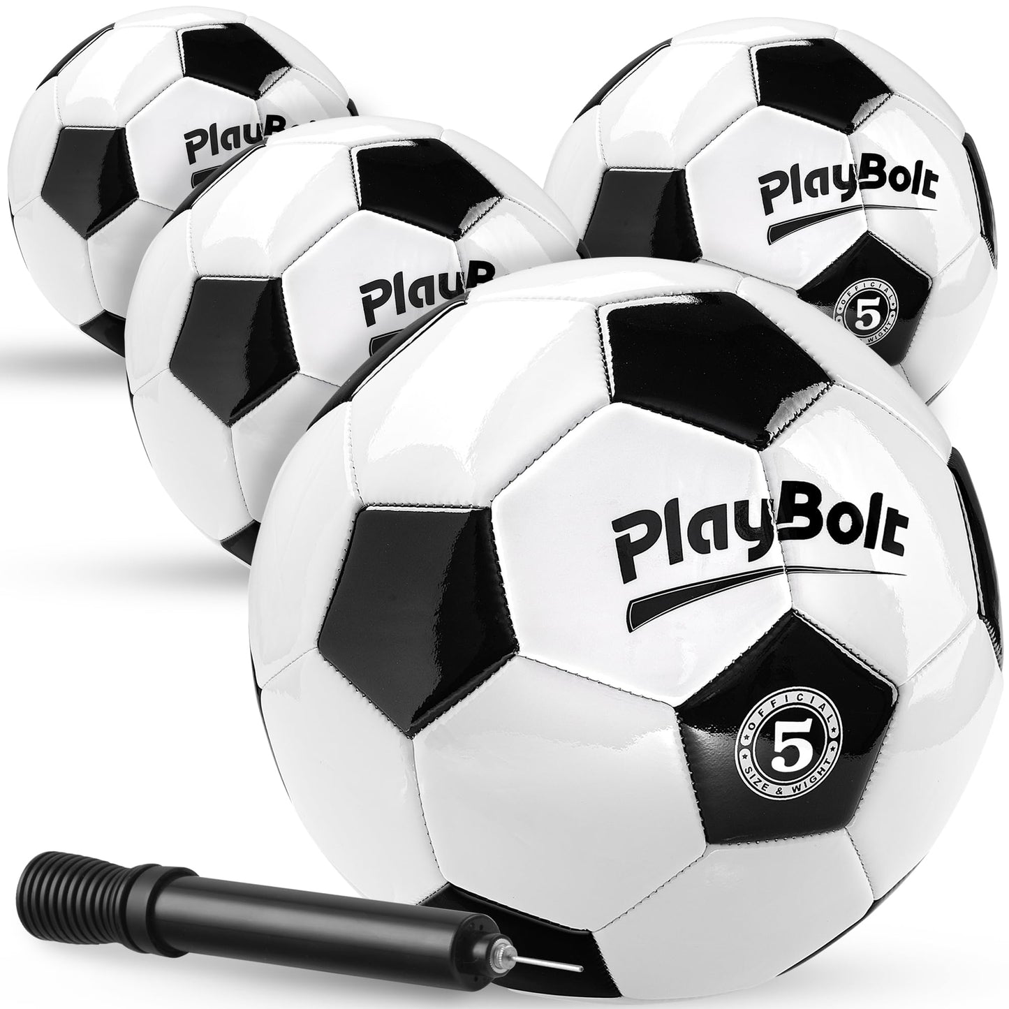 PlayBolt Soccer Ball Size 5 - Premium PVC Leather Cover - Official Size & Weight Soccer Balls with Pump - Training, Practice, Match & Game Ball for Kids, Teens & Adults (Pack of 4)