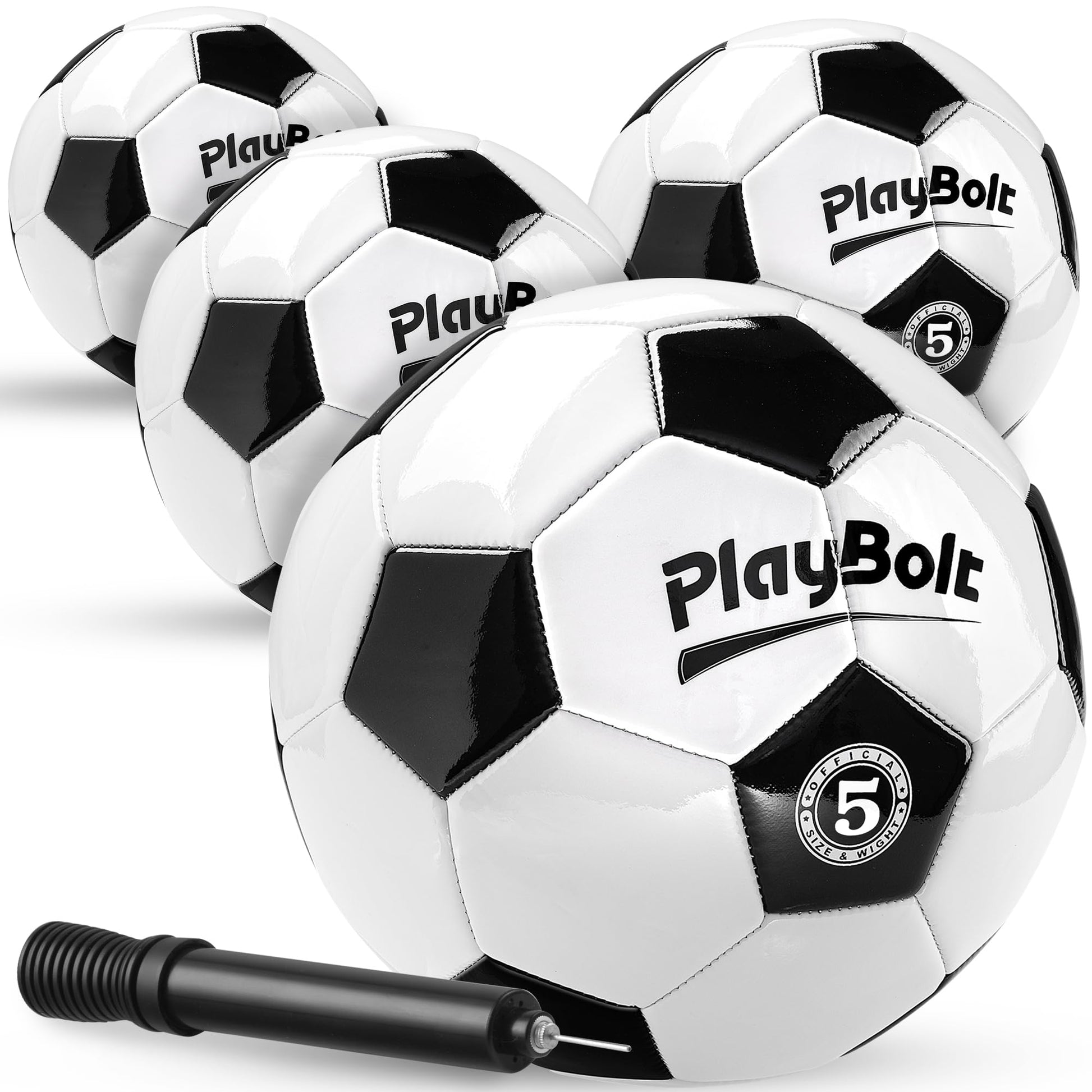 PlayBolt Soccer Ball Size 5 - Premium PVC Leather Cover - Official Size & Weight Soccer Balls with Pump - Training, Practice, Match & Game Ball for Kids, Teens & Adults (Pack of 4)