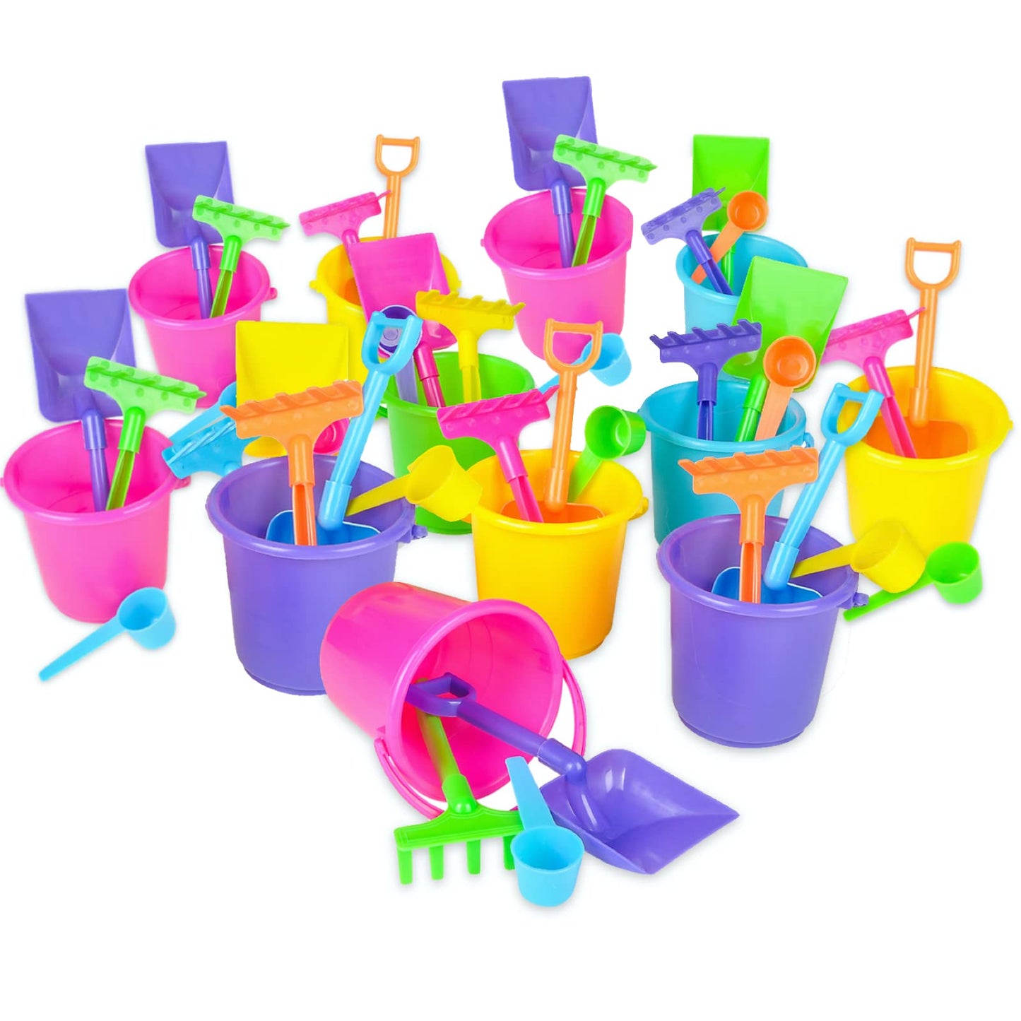 Bedwina Mini Beach Bucket and Shovel Set - (Pack of 12) 3-1/4" Mini Bucket Party Favor Sand Box Play Set and Beach Sand Pail Includes, Shovel, Rake, Scoop Beach Sand Toy for Birthday or Mermaid Theme