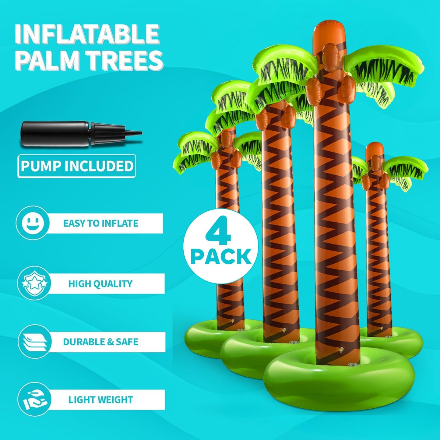Bedwina Inflatable Palm Tree with Hand Pump - (Pack of 4) Large 5.5 Ft Blow Up Palm Tree Decorations for Luau or Hawaiian Party, Tropical Birthday Party Decorations