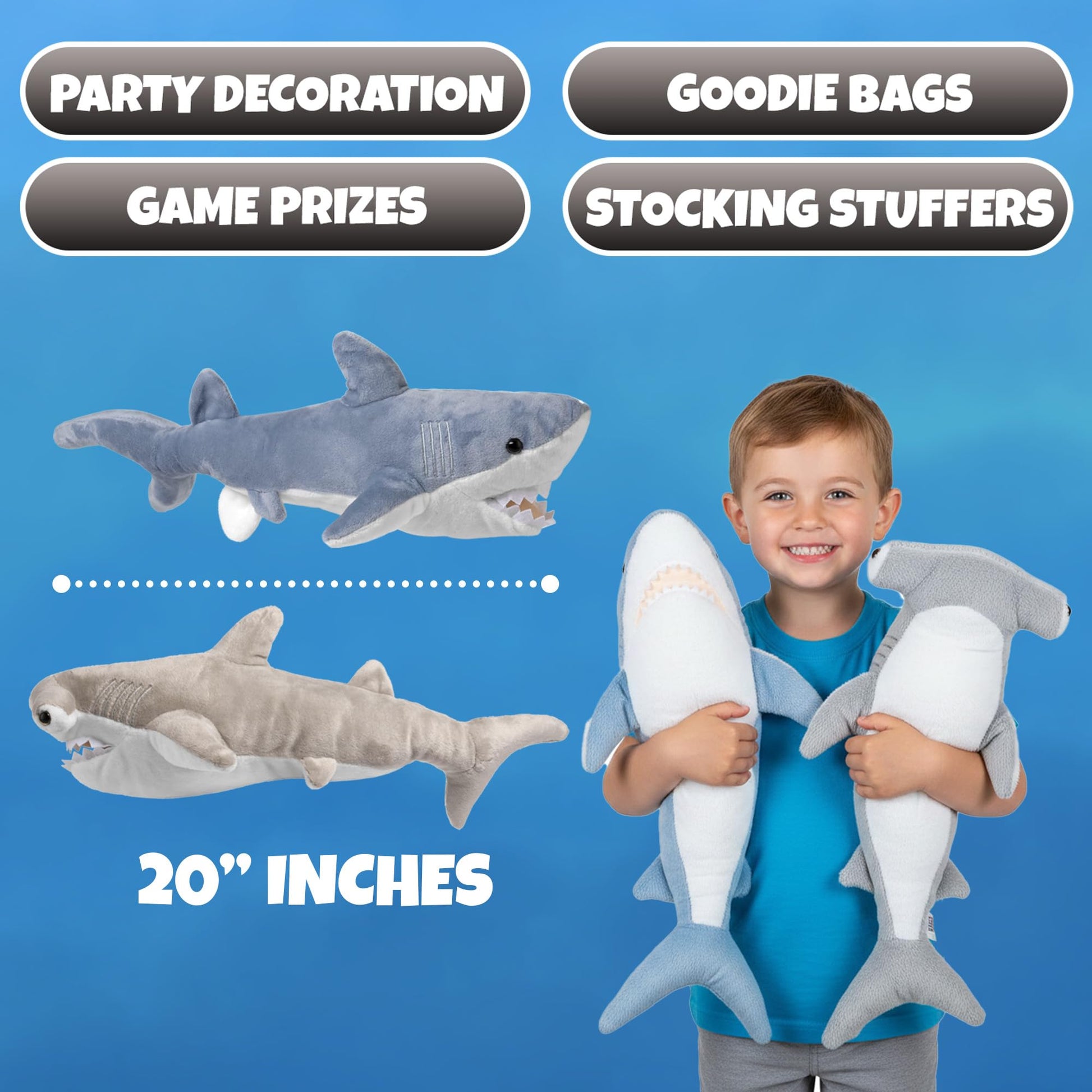 Bedwina Stuffed Animal Sharks - Pack of 2 Extra-Large, 20 inch Mako & Hammerhead Plush Shark Toys, Stuff Animals Toy, for Baby Toddlers & Kids