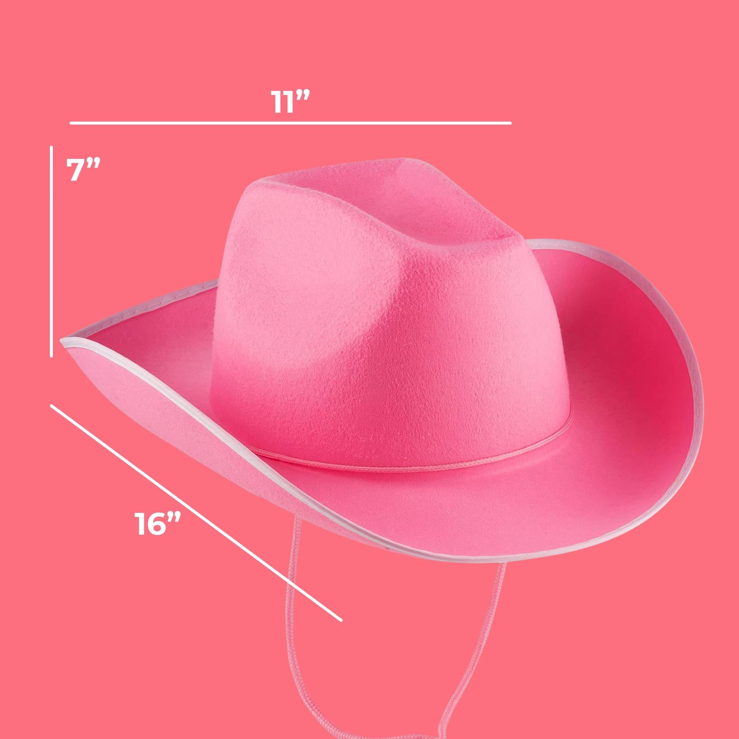 Bedwina Pink Cowgirl Hat - Felt Cowboy Hat with White Trim and Adjustable Neck-String, Fits Most Women and Teen Girls for Bachelorette, Play Costume Accessories, Themed Party or Dress-Up