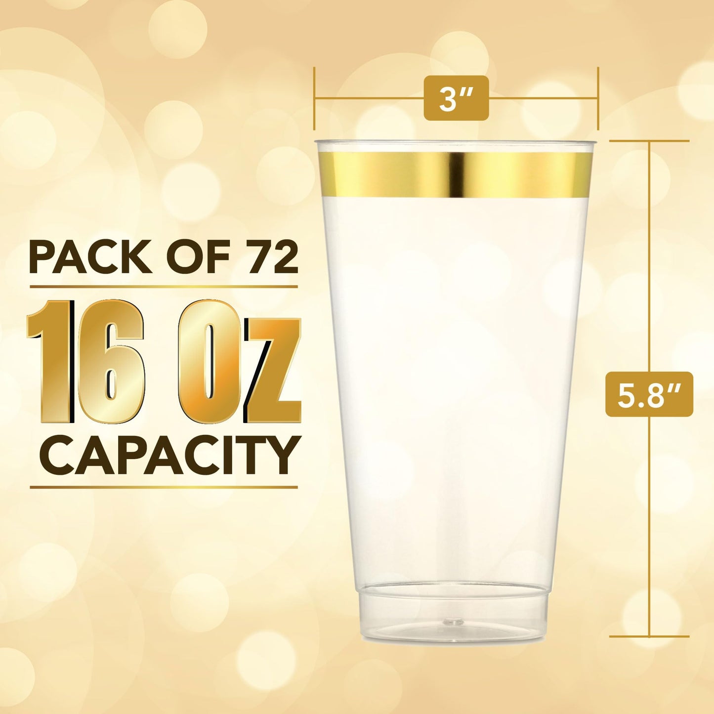 JoyServe 16 Oz Gold Clear Plastic Cups - (72 Count) Elegant Disposable Plastic Cups for Party, Gold Rimmed Fancy Tumblers for Drinks, Cocktail Parties, Birthdays, Baby Showers, Weddings and Events