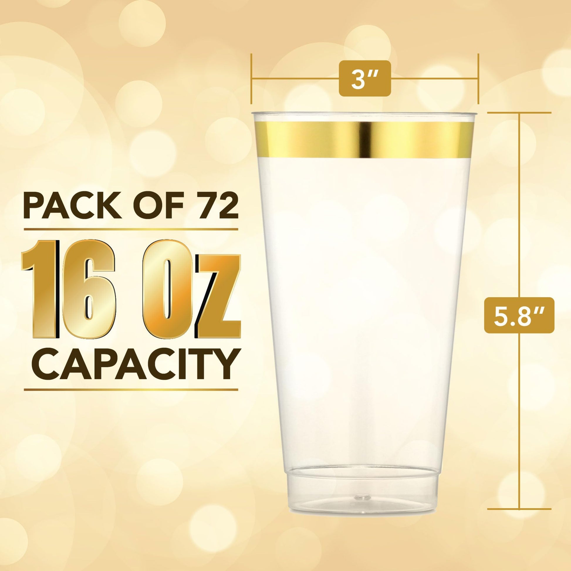 JoyServe 16 Oz Gold Clear Plastic Cups - (72 Count) Elegant Disposable Plastic Cups for Party, Gold Rimmed Fancy Tumblers for Drinks, Cocktail Parties, Birthdays, Baby Showers, Weddings and Events