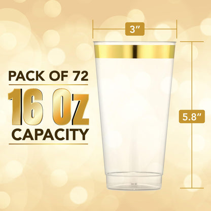 JoyServe 16 Oz Gold Clear Plastic Cups - (72 Count) Elegant Disposable Plastic Cups for Party, Gold Rimmed Fancy Tumblers for Drinks, Cocktail Parties, Birthdays, Baby Showers, Weddings and Events