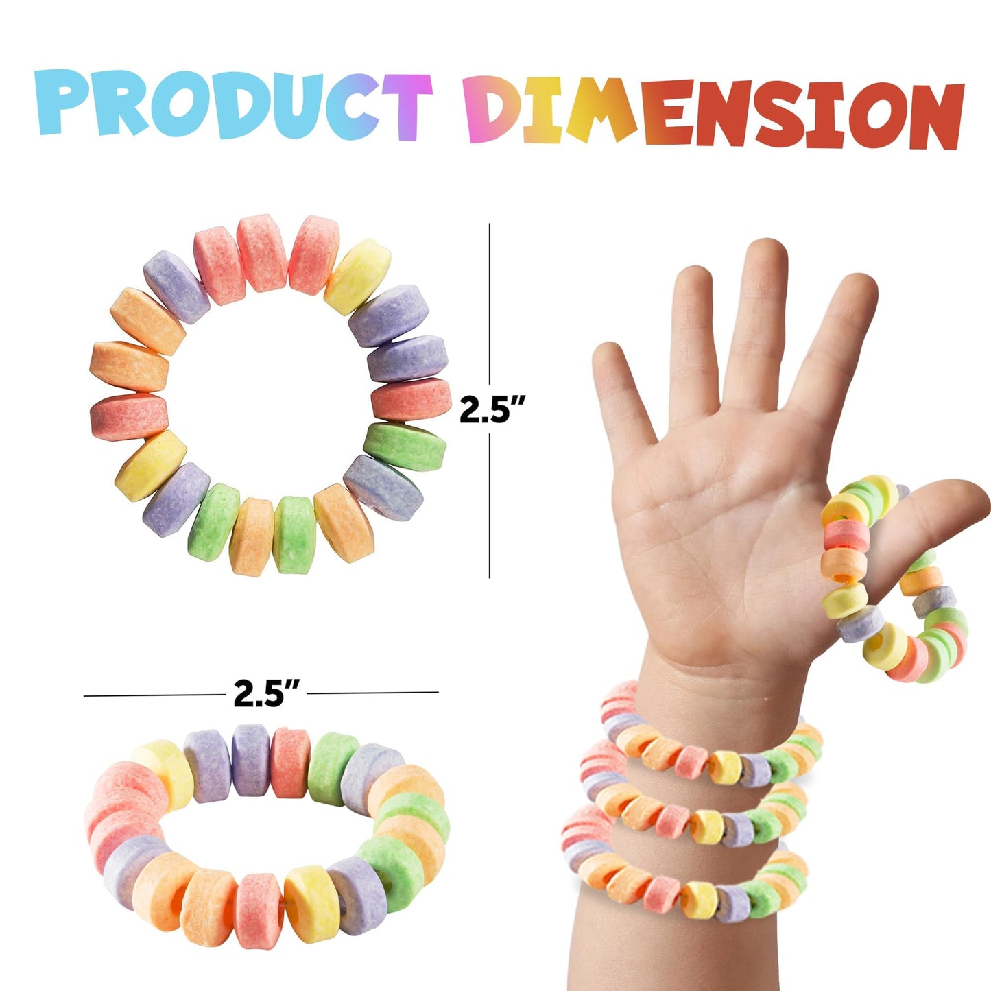 Candy Bracelets - Bulk Case 864 Pcs, Individually Wrapped - 2.5 Inch Candy Jewelry Bracelets, Stretchable, Edible, Colorful Fruit Flavor Rainbow Candies for Novelty Party Favor Supplies & Goodie Bags