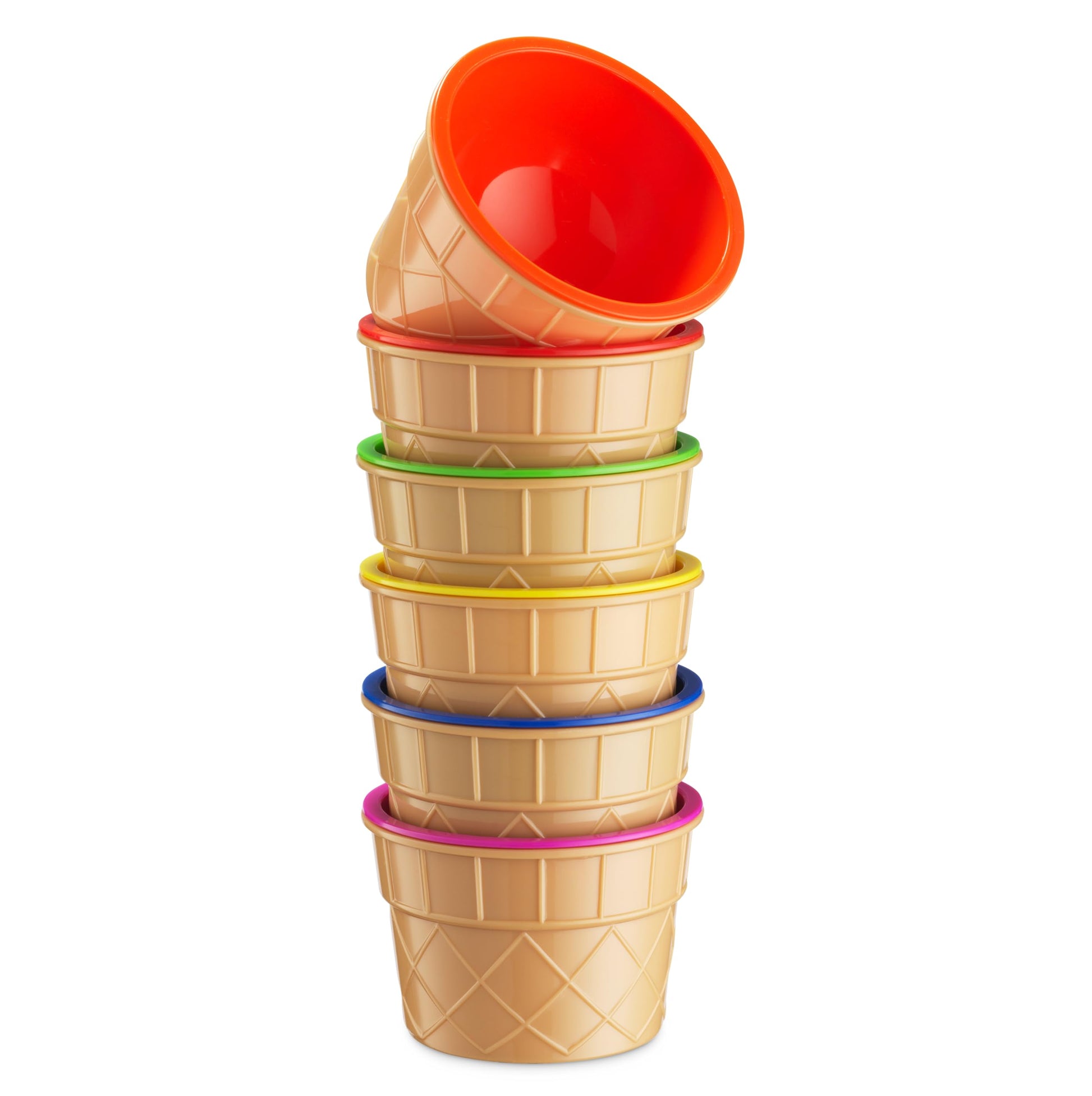 JoyServe Ice Cream Bowls and Spoons Set - (Pack of 6) Reusable Plastic Ice Cream Cups and Waffle Cone Shaped Spoons for Dessert, Frozen Yogurt, Gelato, Birthday Party Decorations