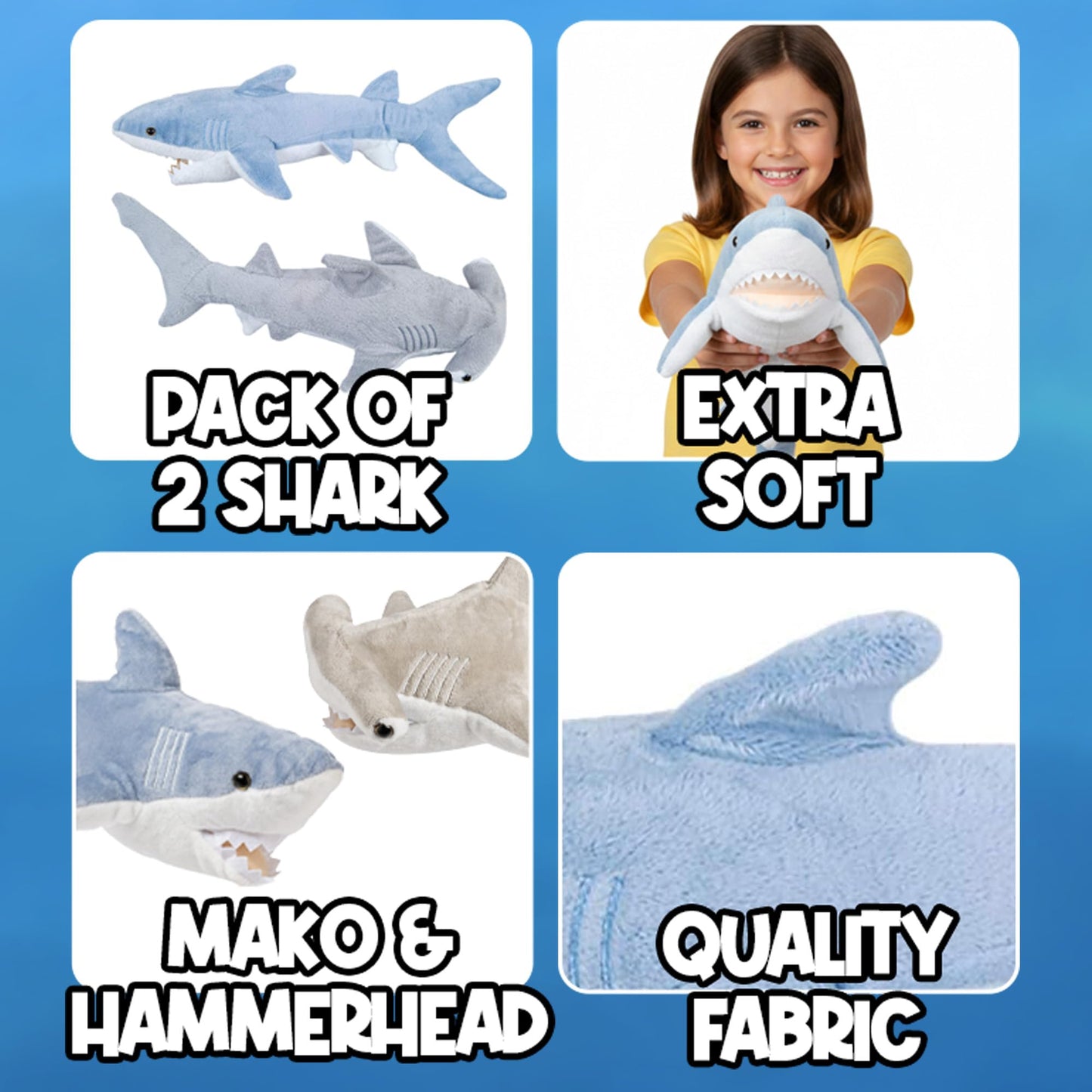 Bedwina Stuffed Animal Sharks - Pack of 2 Extra-Large, 20 inch Mako & Hammerhead Plush Shark Toys, Stuff Animals Toy, for Baby Toddlers & Kids