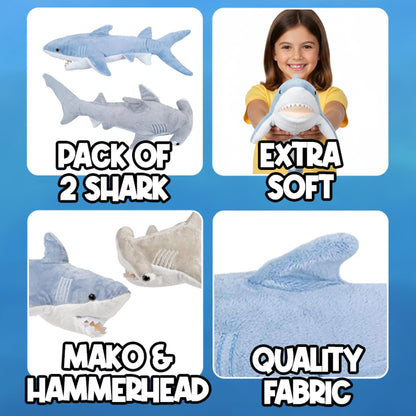 Bedwina Stuffed Animal Sharks - Pack of 2 Extra-Large, 20 inch Mako & Hammerhead Plush Shark Toys, Stuff Animals Toy, for Baby Toddlers & Kids