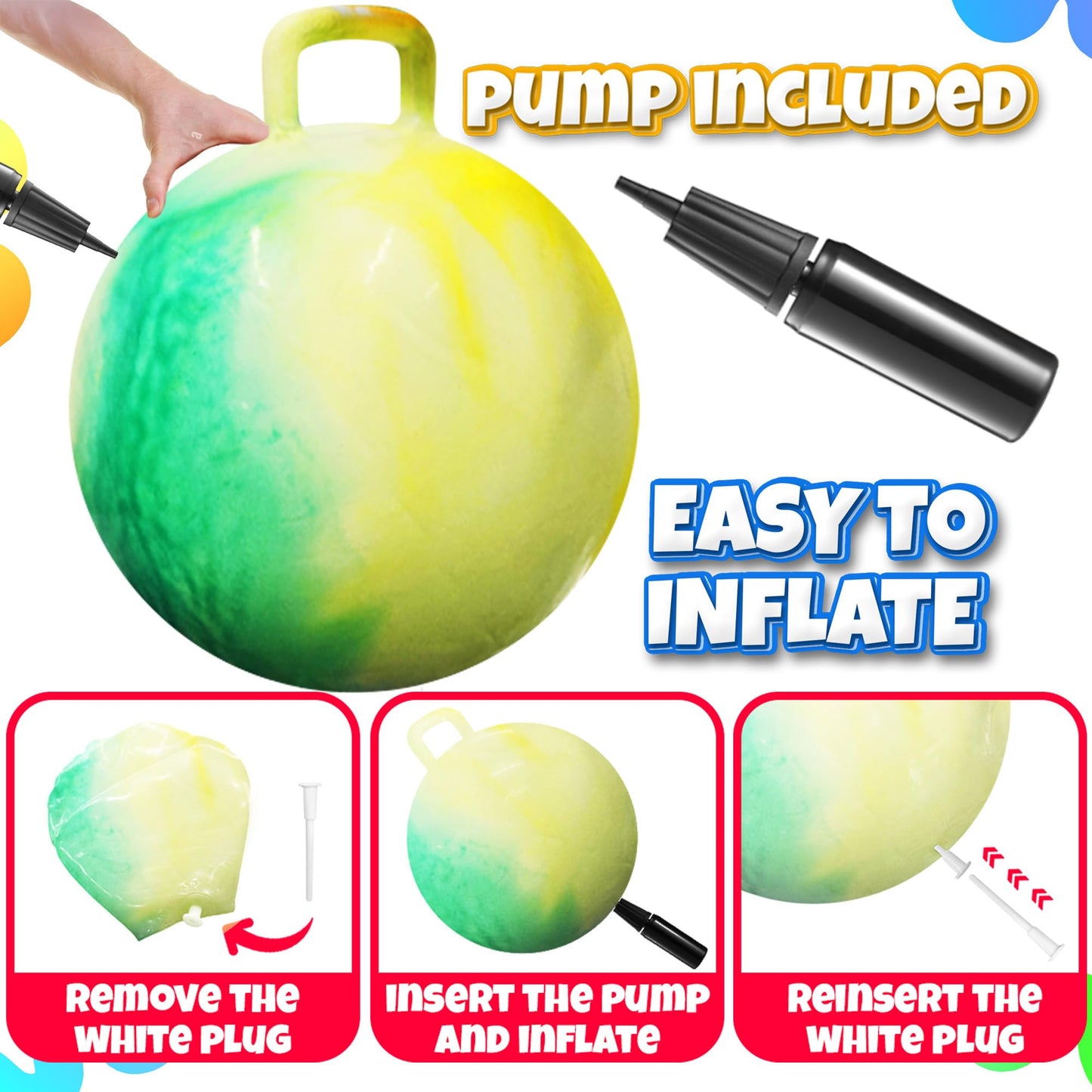 Bedwina Hopper Ball with Handle for Kids 22-inch (55cm) Bouncy Balls for Kids, Jumping Kangaroo Hippity Hop, Hopping Sit and Spin with Handle with Hand Pump, Marble Green & Yellow