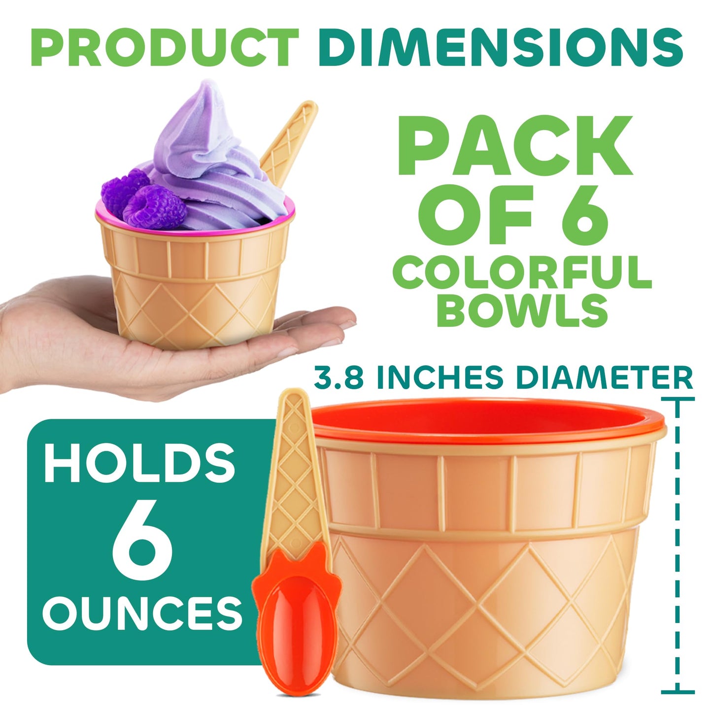 JoyServe Ice Cream Bowls and Spoons Set - (Pack of 6) Reusable Plastic Ice Cream Cups and Waffle Cone Shaped Spoons for Dessert, Frozen Yogurt, Gelato, Birthday Party Decorations