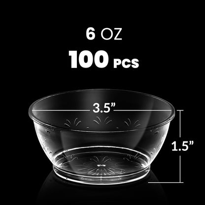 JoyServe Clear Mini Plastic Bowls - (Bulk 100 Pack) 6 Oz Disposable Premium Hard Plastic Dessert Bowls for Serving, Weddings, Catering, Parties, Salsa, Home or Event Party Supplies