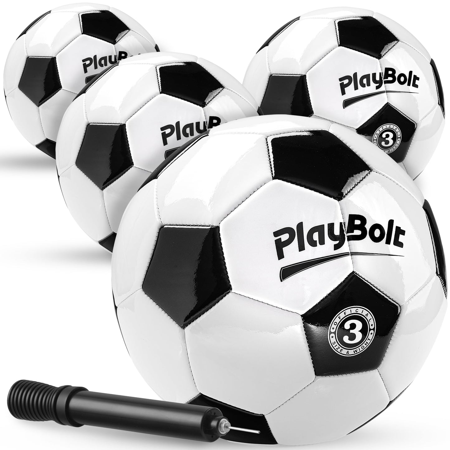 PlayBolt Soccer Ball Size 3 - Premium PVC Leather Cover - Youth Soccer Balls with Pump - Training, Practice, Match & Game Ball for Kids (Pack of 4)