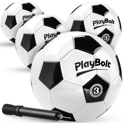 PlayBolt Soccer Ball Size 3 - Premium PVC Leather Cover - Youth Soccer Balls with Pump - Training, Practice, Match & Game Ball for Kids (Pack of 4)