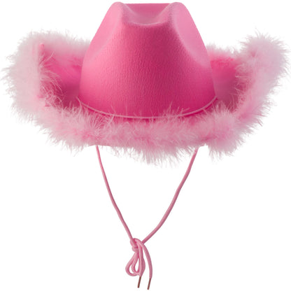 Bedwina Pink Cowgirl Hat with Feather Boa - Cowboy Hat for Women, Teenage Girls with Fluffy Feather Brim for Bachelorette, Theme Costume Party, Role-Playing Dress-Up, Adult Size