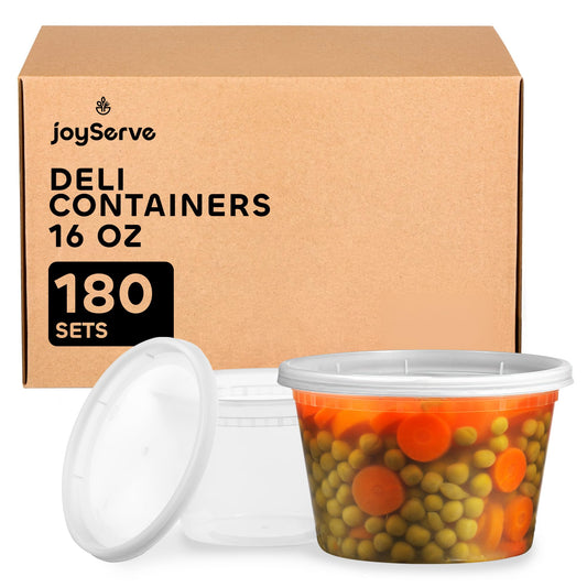 JoyServe 16 Oz Deli Food Containers with Lids - (180 Sets) Airtight Plastic Food Storage for Takeout, Meal Prep, To-Go, and Soup Freezer Containers with 180 Lids, BPA-Free, Dishwasher, Microwave Safe