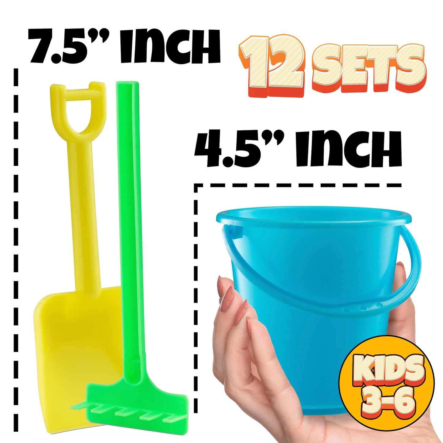 Mini 4.5-Inch Beach Buckets for Kids - (12 Pack) Sand Buckets and Shovels w/Rakes & Mesh Bags - Small Beach Pails - Sturdy Unbreakable Plastic - Beach Party Favors & Giveaways for Toddlers Ages 3-6