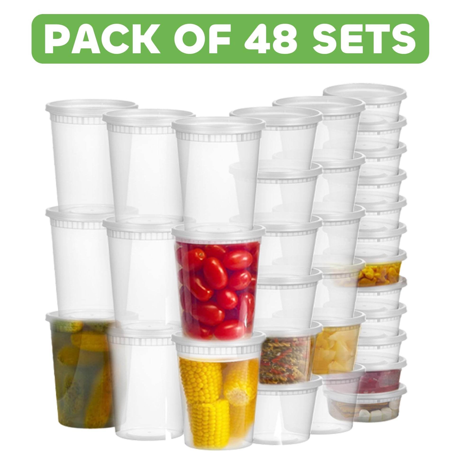 JoyServe Deli Food Containers with Lids - (48 Pack) 16 Sets of Each Size - 8 Oz-Cup / 16 Oz-Pint / 32 Oz-Quart Sizes Food Storage Takeout Meal Prep Storage, BPA-Free, Dishwasher, Microwave Safe