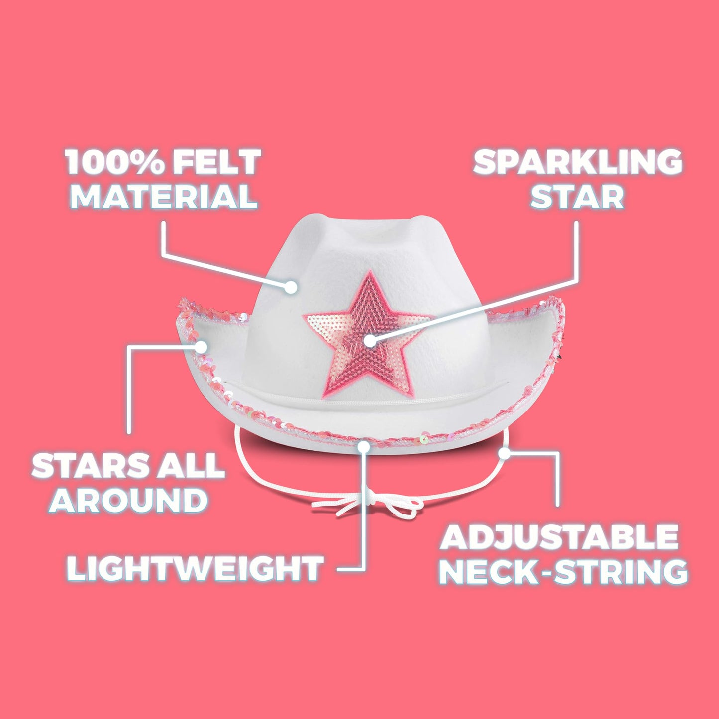 Bedwina White Cowgirl Hat - Felt Cowboy Hat with Pink Sequins Rim and Adjustable Neck-String, Fits Most Women and Adults for Bachelorette, Play Costume Accessories, Themed Party or Dress-Up