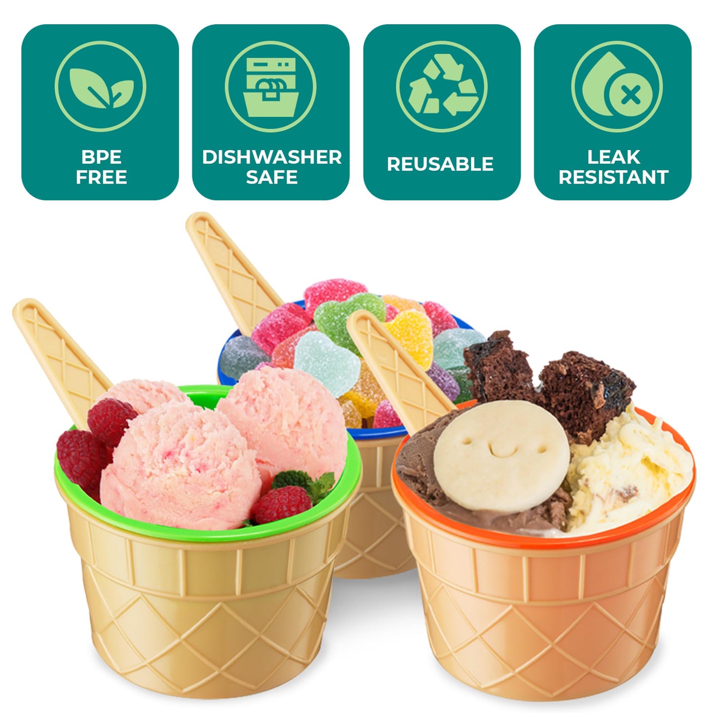 JoyServe Ice Cream Bowls and Spoons Set - (Pack of 12) Reusable Plastic Ice Cream Cups and Waffle Cone Shaped Spoons for Dessert, Frozen Yogurt, Gelato, Birthday Party Decorations