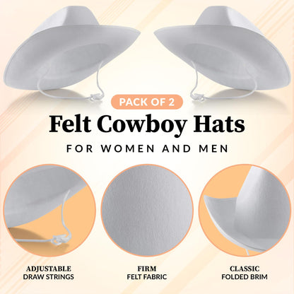Bedwina White Cowboy Hat - (Pack of 2) for Adults with Adjustable Neck Drawstring, Dress-up Parties, and Play Costume Accessories, Fits Most Teen Girls Boys
