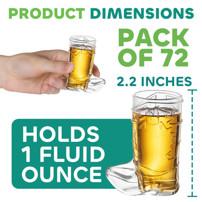 Cowboy Boot Shot Glasses - (Bulk Pack of 72) Mini Reusable and Disposable Clear Plastic Shot Glass Cups for Themed Birthday Parties Decorations and Cowboy Bachelorette Party Favors, Holds 1oz