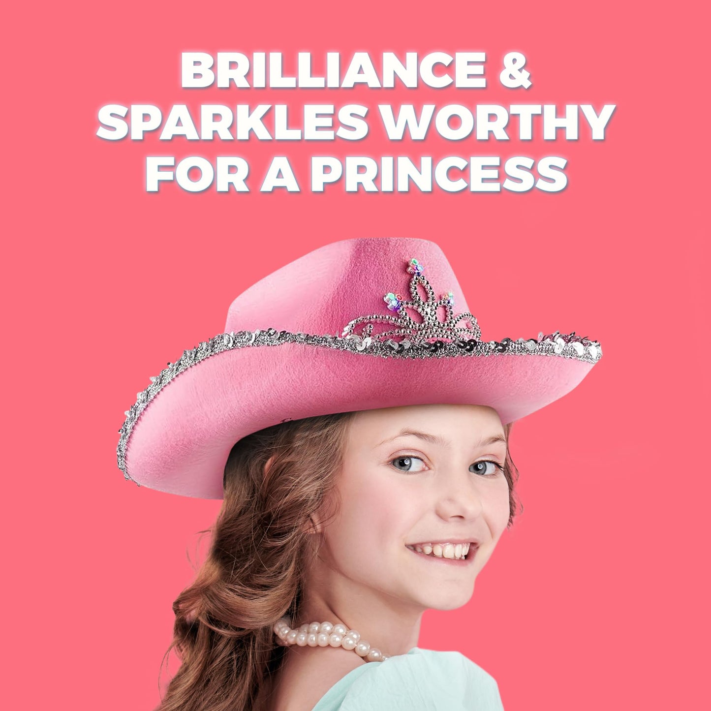 Bedwina Light Up Pink Cowgirl Hat for Girls - (Pack of 2) Kids Cowboy Hat with Blinking Tiara Sequin Trim Fringe and Drawstring, Felt Girls Pink Cowboy Hat Costume Party Accessory, Dress-Up, 6x7-Inch