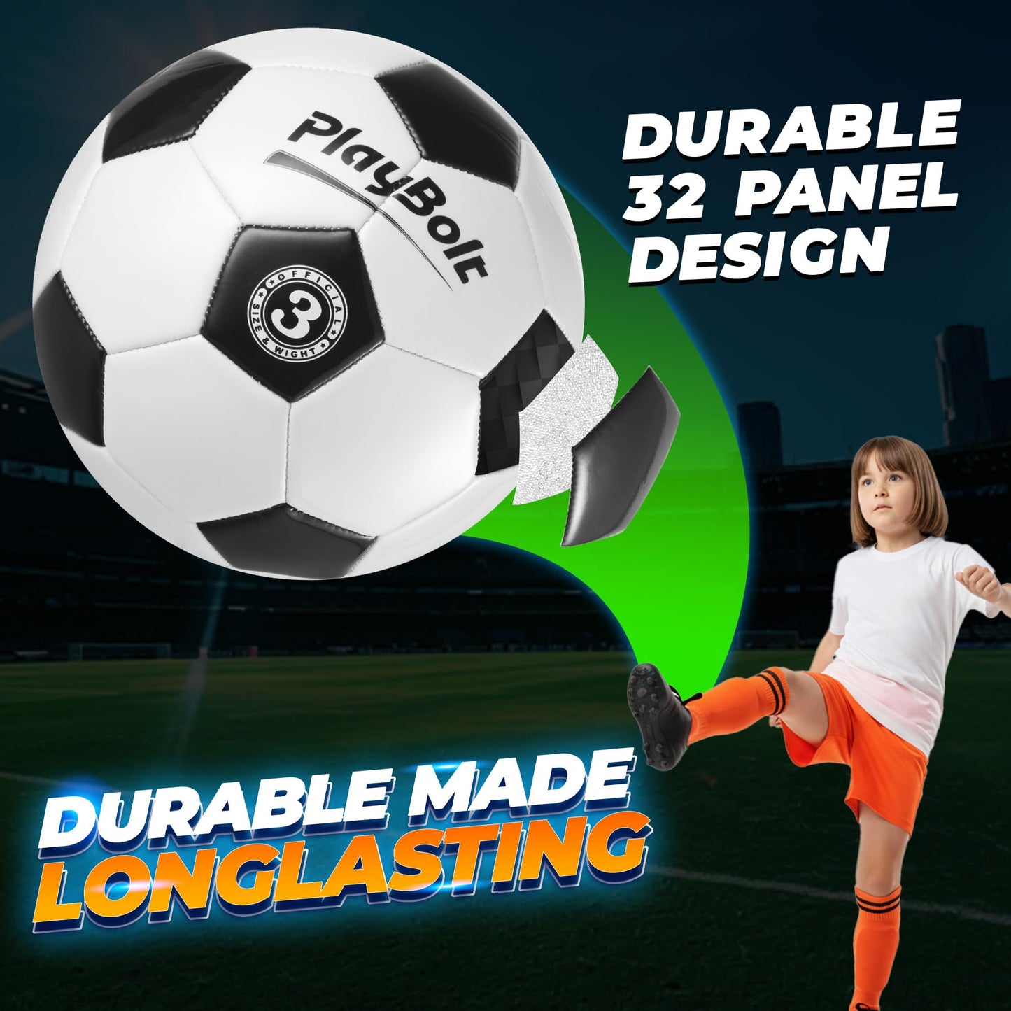 PlayBolt Soccer Ball Size 3 - Premium PVC Leather Cover - Youth Soccer Balls with Pump - Training, Practice, Match & Game Ball for Kids (Pack of 4)