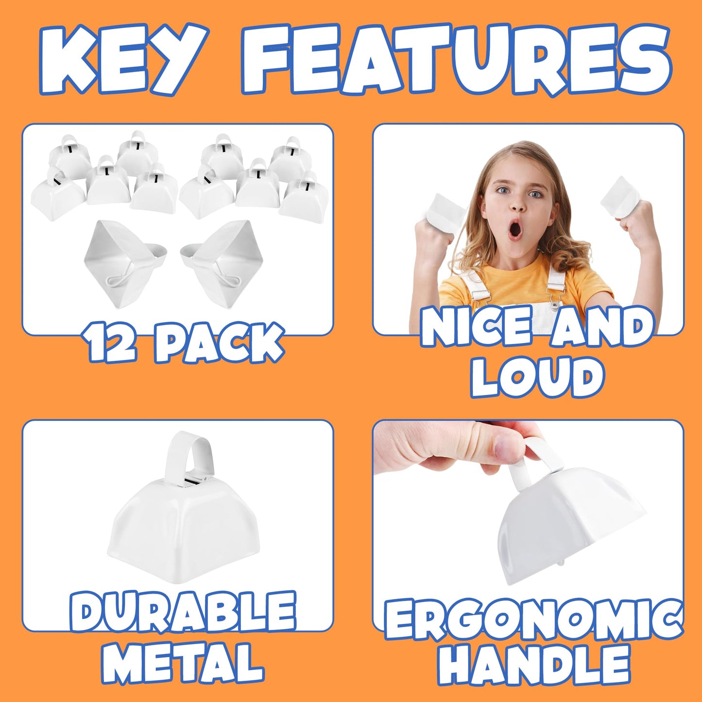 Metal Cowbells - 12 Pack, 3 Inch White Cow Bells for Sporting Events, Cheering, Spirit, Loud Cow Bell Ideal Hand Percussion Cowbells Noise Makers for Sporting Events, Football Games, and Celebrations