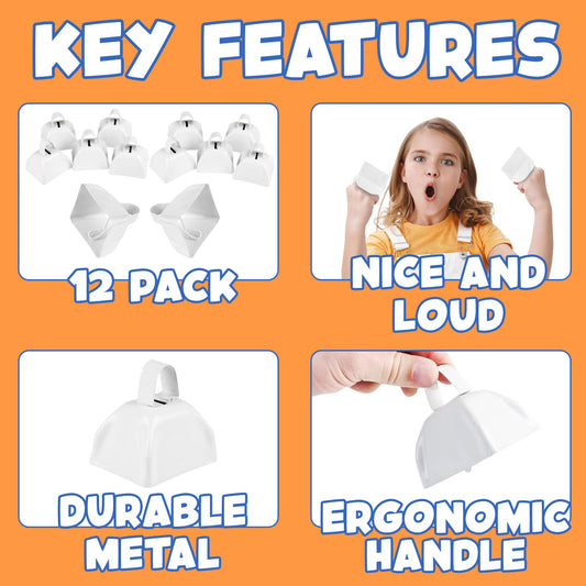 Metal Cowbells - 12 Pack, 3 Inch White Cow Bells for Sporting Events, Cheering, Spirit, Loud Cow Bell Ideal Hand Percussion Cowbells Noise Makers for Sporting Events, Football Games, and Celebrations