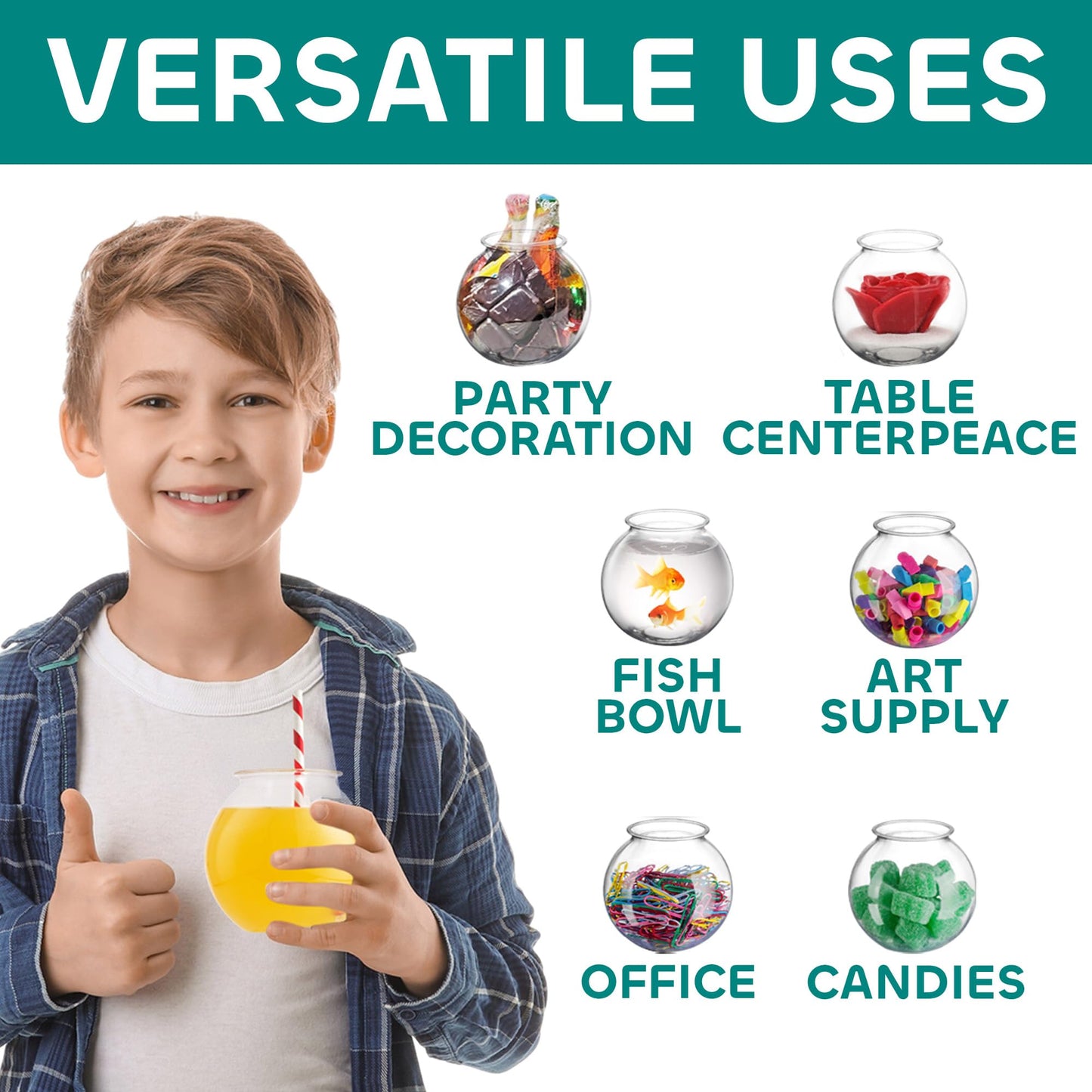 JoyServe 16 Oz Plastic Fish Bowl (48 Pack) 4 Inch Heavy Duty Plastic Ivy Bowls, for Candy, Carnival Games, Prizes, Centerpieces and Party Decoration Supplies, BPA-Free