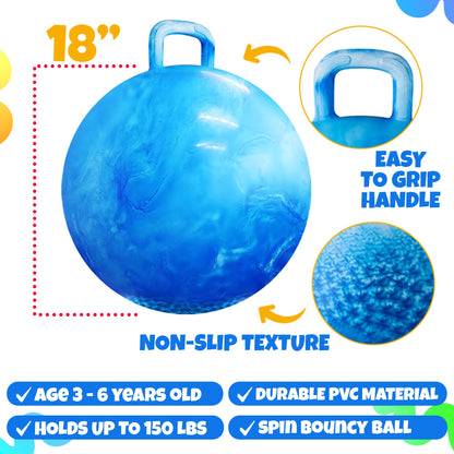 Bedwina Hopper Ball with Handle for Kids 18-inch (45cm) Bouncy Balls for Kids, Jumping Kangaroo Hippity Hop, Hopping Sit and Spin with Handle with Hand Pump, Marble Blue & White
