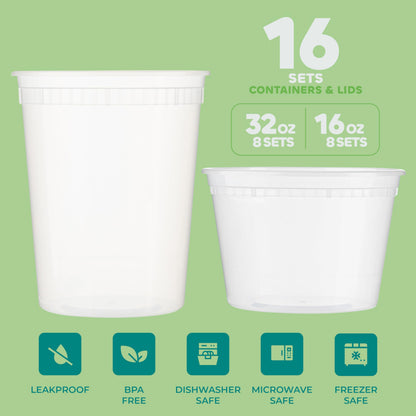 JoyServe Deli Food Containers with Lids - (16 Sets) 8-32 Oz Quart Size & 8-16 Oz Pint Size Airtight Food Storage Takeout Meal Prep Containers, BPA-Free, Dishwasher, Microwave Safe